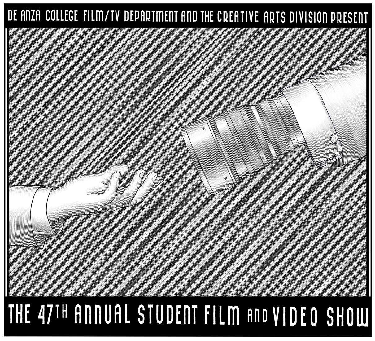 hand reaching towards camera lens in sleeve. The artwork imitates two hands touching, but one is a camera lens