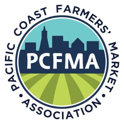 Pacific Coast Farmers Market logo which contains a dark blue city skyline above a green field